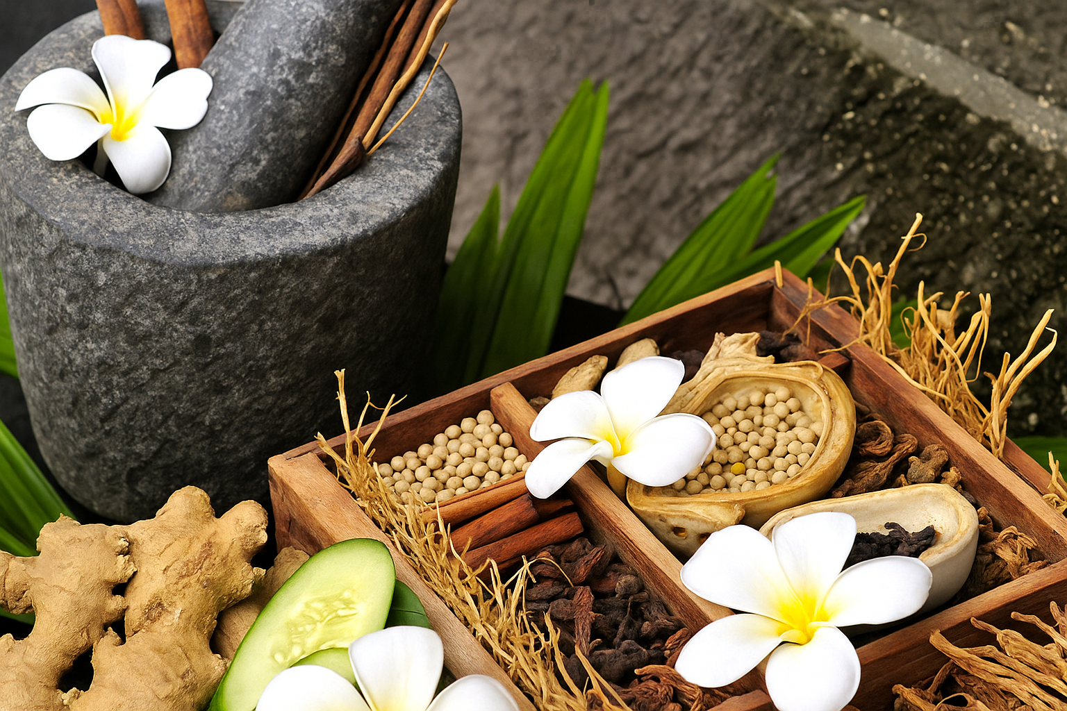ayurvedic tools and ingredients outdoors